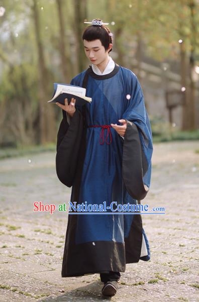 China Ming Dynasty Scholar Clothing Ancient Young Childe Garment Costume Traditional Hanfu Navy Long Gown