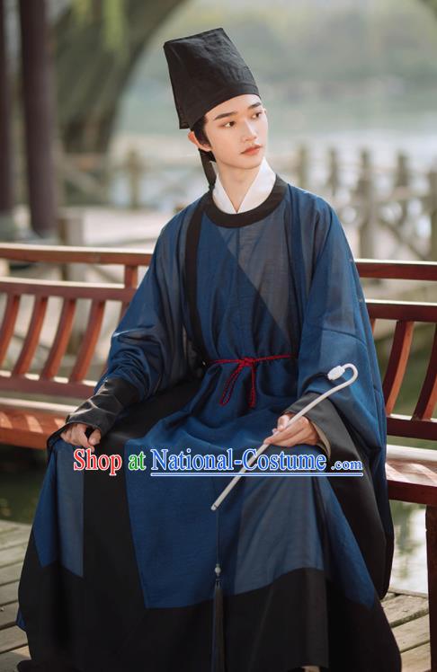 China Ming Dynasty Scholar Clothing Ancient Young Childe Garment Costume Traditional Hanfu Navy Long Gown