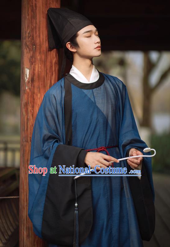 China Ming Dynasty Scholar Clothing Ancient Young Childe Garment Costume Traditional Hanfu Navy Long Gown