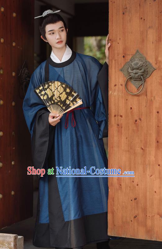 China Ming Dynasty Scholar Clothing Ancient Young Childe Garment Costume Traditional Hanfu Navy Long Gown