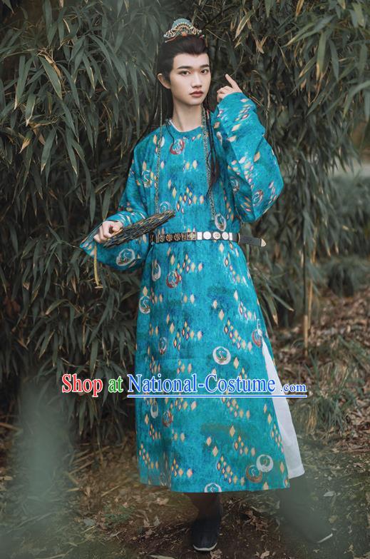 China Traditional Hanfu Blue Flax Robe Tang Dynasty Young Knight Clothing Ancient Swordsman Garment Costume