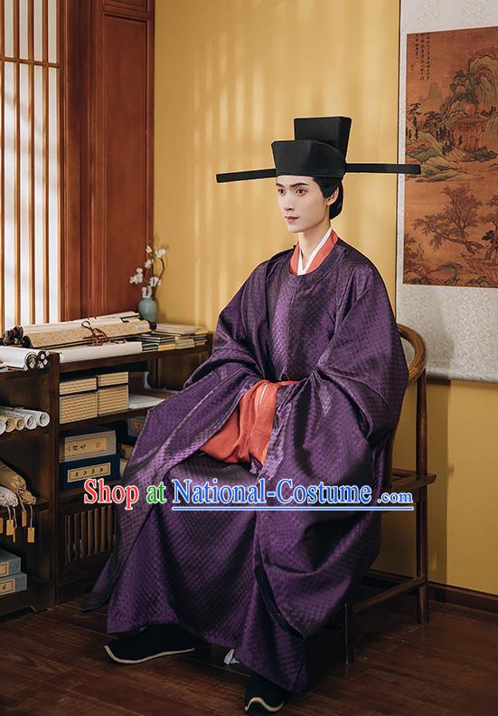 China Ancient Official Garment Costume Traditional Hanfu Purple Robe Vestment Song Dynasty Chancellor Clothing