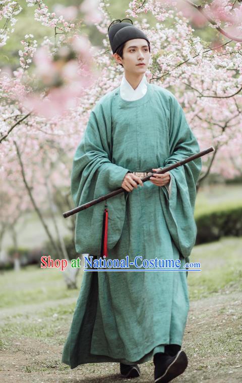 China Ancient Civil Officer Garment Costume Traditional Hanfu Green Robe Ming Dynasty Academy Scholar Clothing