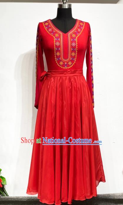 Chinese Uyghur Nationality Dance Clothing Xinjiang Ethnic Performance Costume Woman Dance Garments Uighur Minority Red Dress Outfits