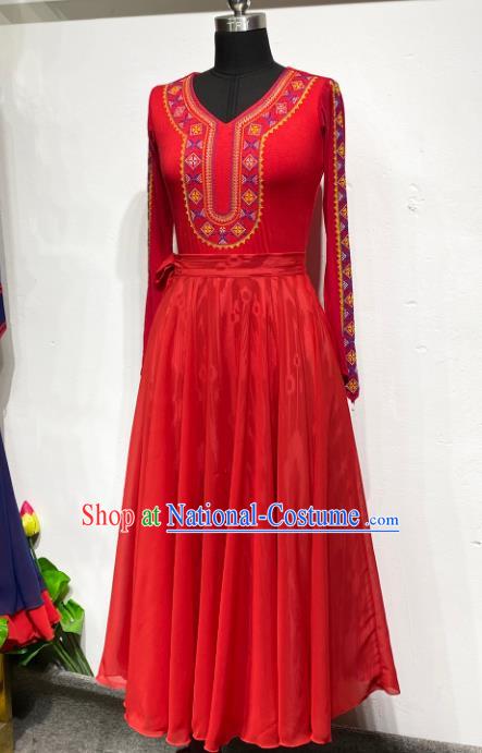 Chinese Uyghur Nationality Dance Clothing Xinjiang Ethnic Performance Costume Woman Dance Garments Uighur Minority Red Dress Outfits