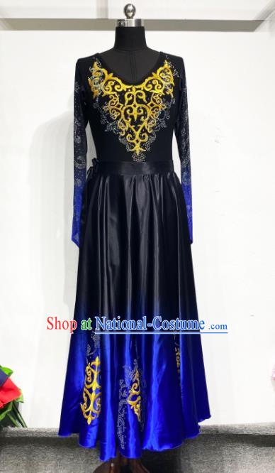 Chinese Xinjiang Ethnic Performance Costume Woman Dance Garments Uyghur Minority Deep Blue Dress Outfits Uighur Nationality Dance Clothing