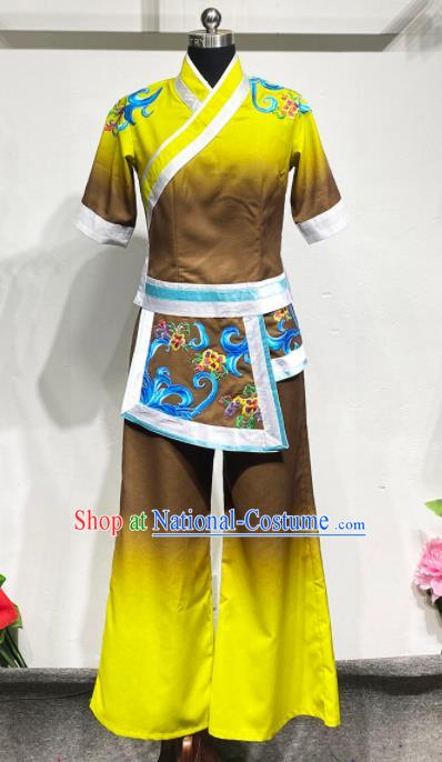 Chinese Folk Dance Yellow Outfits Fan Dance Costumes Yangko Dance Clothing Women Group Performance Garments