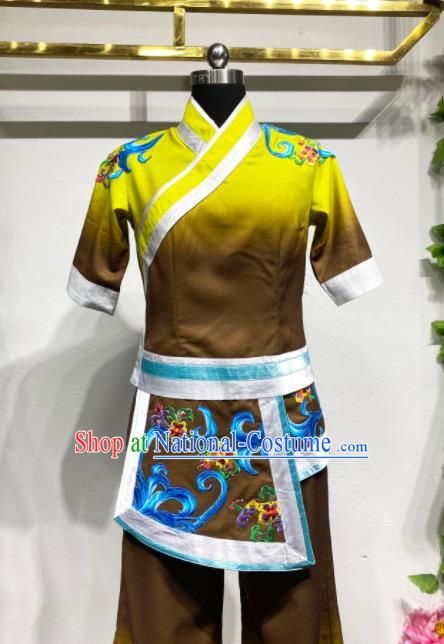 Chinese Folk Dance Yellow Outfits Fan Dance Costumes Yangko Dance Clothing Women Group Performance Garments