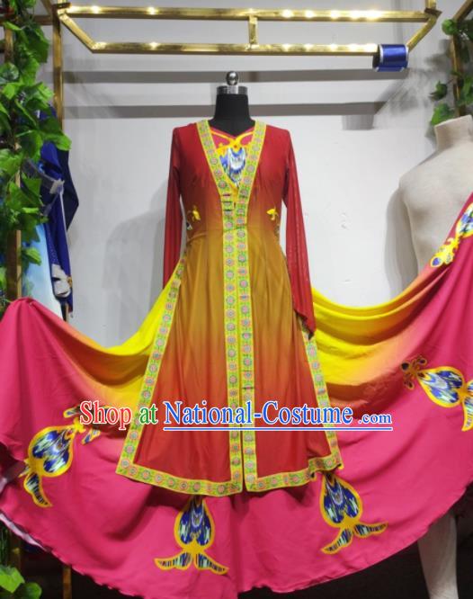 Chinese Uyghur Minority Rosy Dress Outfits Uighur Nationality Dance Clothing Xinjiang Ethnic Performance Costume Woman Dance Garments