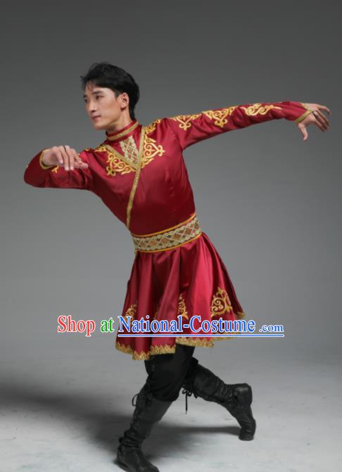 China Uyghur Nationality Male Dance Clothing Uighur Ethnic Stage Performance Red Suits Xinjiang Minority Dance Costumes