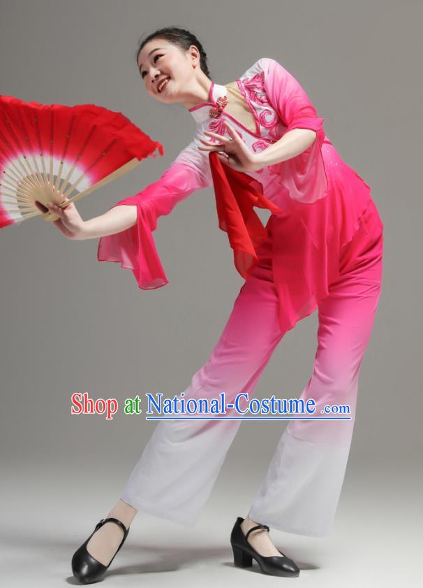 Chinese Jiaozhou Yangko Dance Clothing Women Group Performance Garments Folk Dance Rosy Outfits Fan Dance Costumes