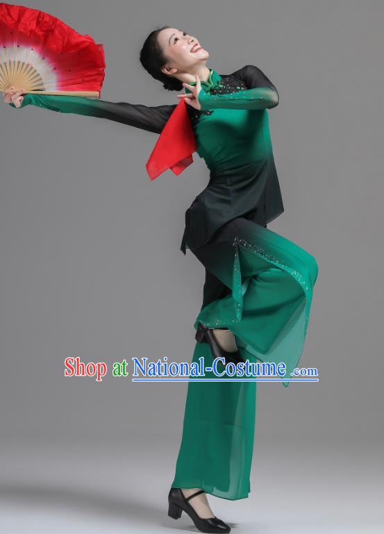 Chinese Folk Dance Green Outfits Fan Dance Costumes Jiaozhou Yangko Dance Clothing Women Group Performance Garments