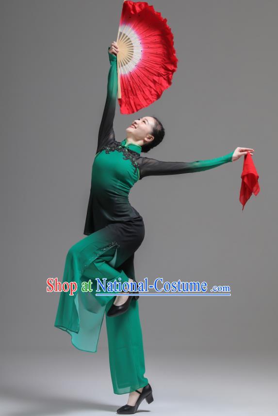 Chinese Folk Dance Green Outfits Fan Dance Costumes Jiaozhou Yangko Dance Clothing Women Group Performance Garments