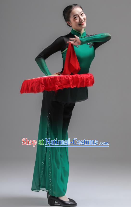 Chinese Folk Dance Green Outfits Fan Dance Costumes Jiaozhou Yangko Dance Clothing Women Group Performance Garments