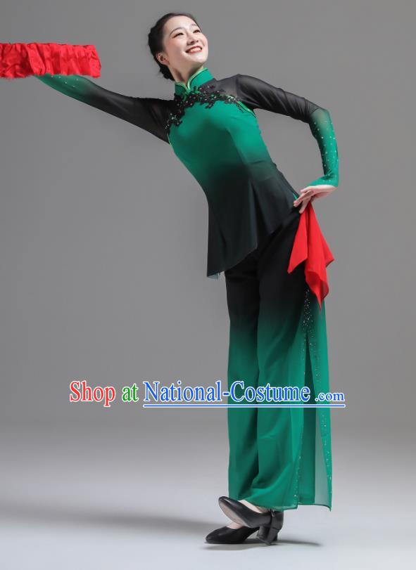 Chinese Folk Dance Green Outfits Fan Dance Costumes Jiaozhou Yangko Dance Clothing Women Group Performance Garments