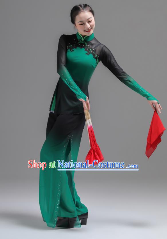 Chinese Folk Dance Green Outfits Fan Dance Costumes Jiaozhou Yangko Dance Clothing Women Group Performance Garments