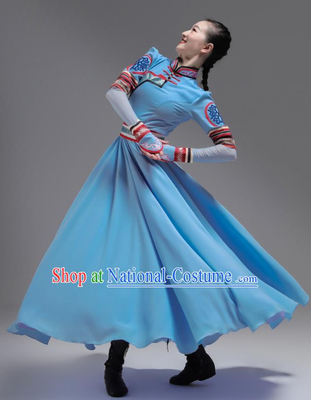 Chinese Mongol Nationality Dance Clothing Ethnic Performance Costume Woman Dance Garments Mongolian Minority Blue Dress Outfits