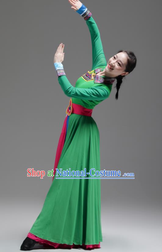 Chinese Mongolian Minority Green Dress Outfits Mongol Nationality Dance Clothing Ethnic Performance Costume Woman Dance Garments