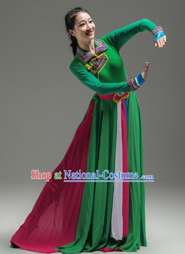 Chinese Mongolian Minority Green Dress Outfits Mongol Nationality Dance Clothing Ethnic Performance Costume Woman Dance Garments