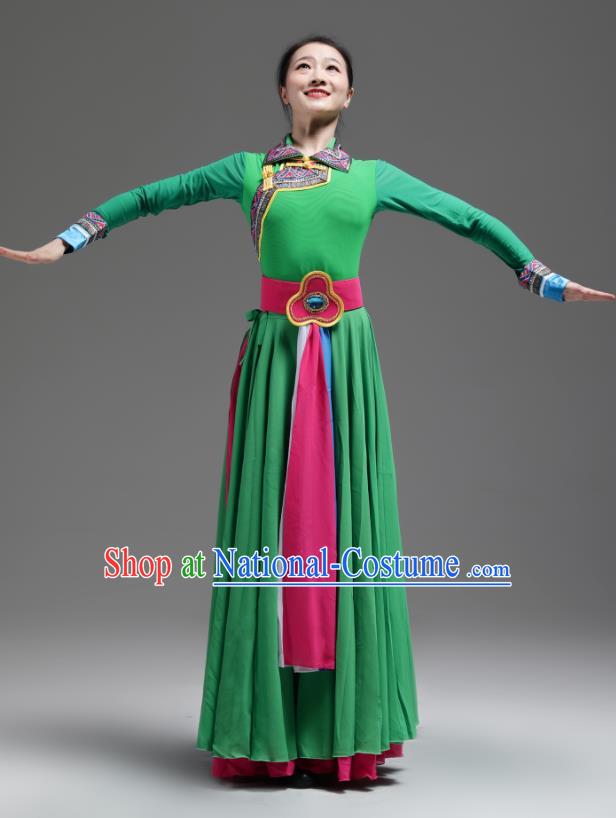 Chinese Mongolian Minority Green Dress Outfits Mongol Nationality Dance Clothing Ethnic Performance Costume Woman Dance Garments