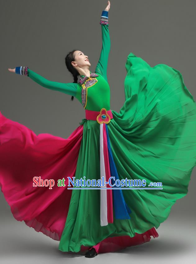 Chinese Mongolian Minority Green Dress Outfits Mongol Nationality Dance Clothing Ethnic Performance Costume Woman Dance Garments