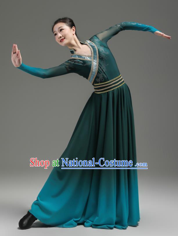 Chinese Woman Dance Garments Mongolian Minority Atrovirens Dress Outfits Mongol Nationality Dance Clothing Ethnic Performance Costume