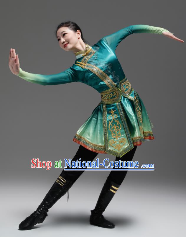 Chinese Ethnic Folk Dance Costume Woman Performance Garments Mongolian Minority Green Dress Outfits Mongol Nationality Clothing