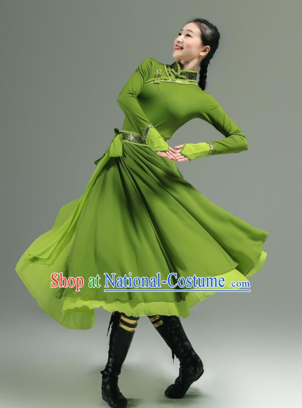 Chinese Ethnic Woman Performance Garments Mongolian Minority Green Dress Outfits Mongol Nationality Clothing Folk Dance Costume