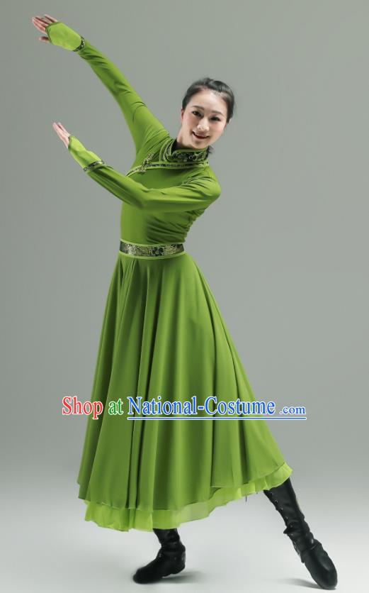 Chinese Ethnic Woman Performance Garments Mongolian Minority Green Dress Outfits Mongol Nationality Clothing Folk Dance Costume