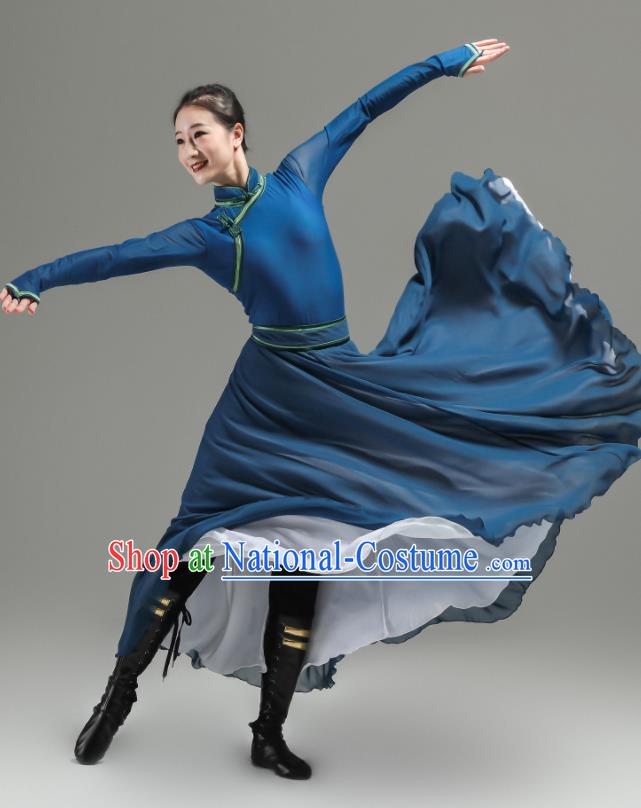 Chinese Folk Dance Costume Ethnic Woman Performance Garments Mongolian Minority Navy Dress Outfits Mongol Nationality Clothing