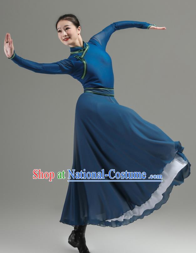 Chinese Folk Dance Costume Ethnic Woman Performance Garments Mongolian Minority Navy Dress Outfits Mongol Nationality Clothing