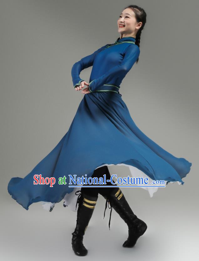 Chinese Folk Dance Costume Ethnic Woman Performance Garments Mongolian Minority Navy Dress Outfits Mongol Nationality Clothing