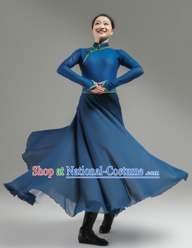 Chinese Folk Dance Costume Ethnic Woman Performance Garments Mongolian Minority Navy Dress Outfits Mongol Nationality Clothing