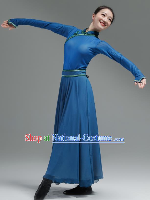 Chinese Folk Dance Costume Ethnic Woman Performance Garments Mongolian Minority Navy Dress Outfits Mongol Nationality Clothing