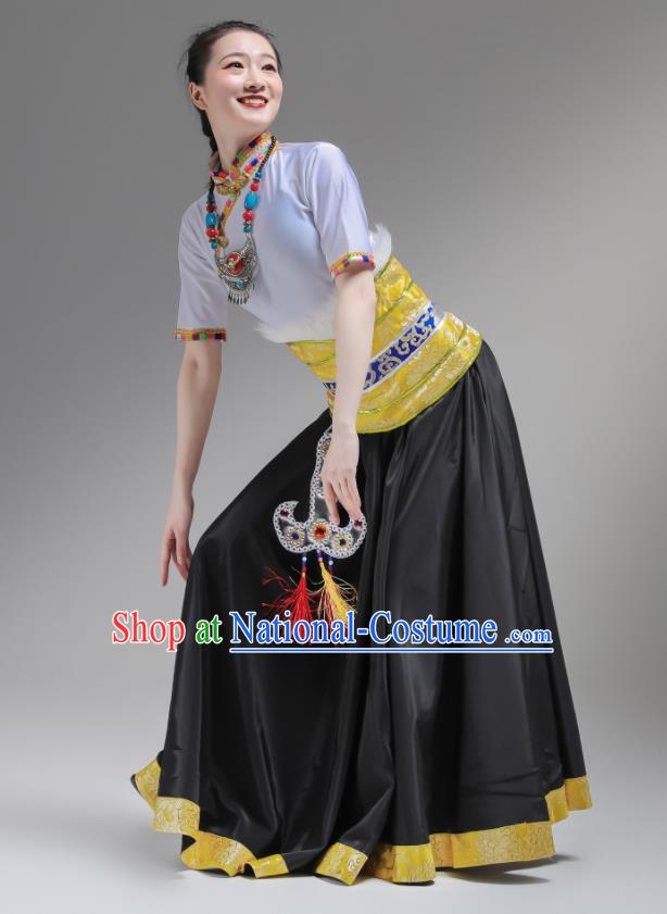 Chinese Zang Nationality Clothing Folk Dance Costume Ethnic Woman Garments Tibetan Minority Performance Black Dress Outfits