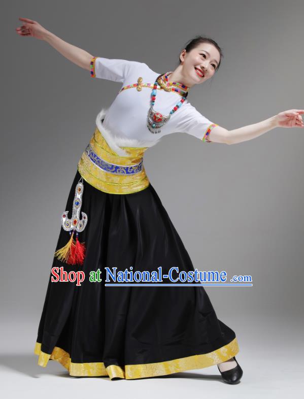 Chinese Zang Nationality Clothing Folk Dance Costume Ethnic Woman Garments Tibetan Minority Performance Black Dress Outfits