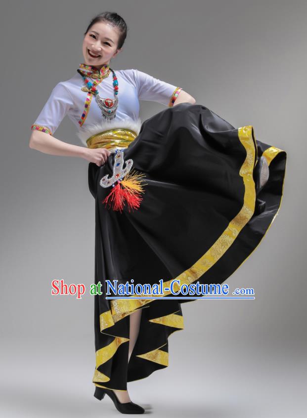 Chinese Zang Nationality Clothing Folk Dance Costume Ethnic Woman Garments Tibetan Minority Performance Black Dress Outfits