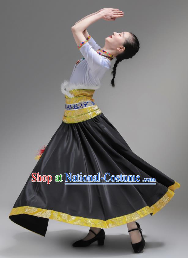 Chinese Zang Nationality Clothing Folk Dance Costume Ethnic Woman Garments Tibetan Minority Performance Black Dress Outfits