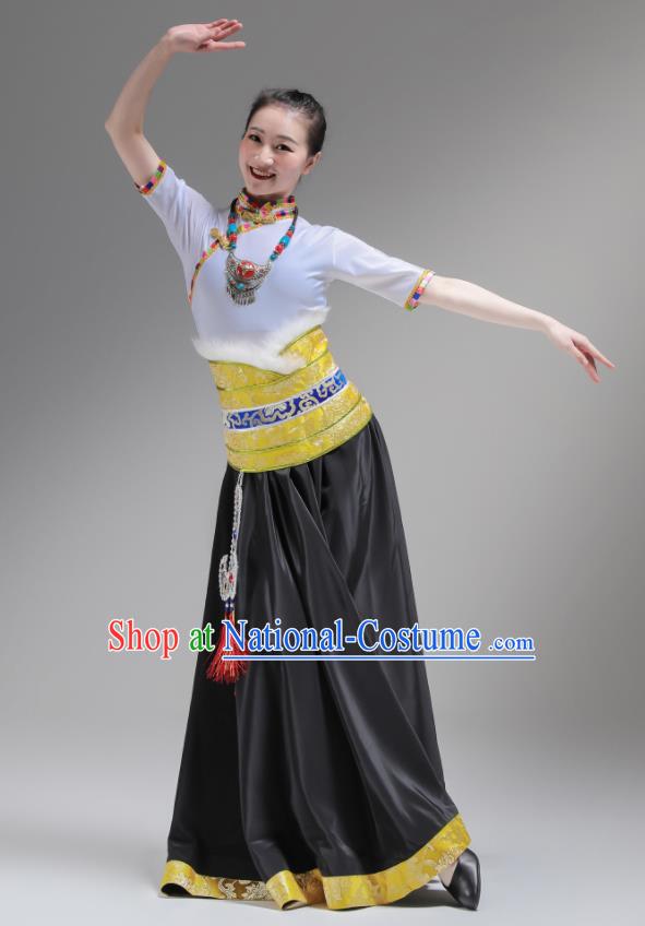 Chinese Zang Nationality Clothing Folk Dance Costume Ethnic Woman Garments Tibetan Minority Performance Black Dress Outfits