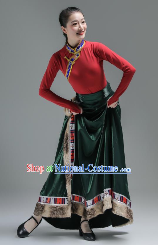 Chinese Tibetan Minority Performance Green Dress Outfits Zang Nationality Clothing Folk Dance Costume Ethnic Woman Garments