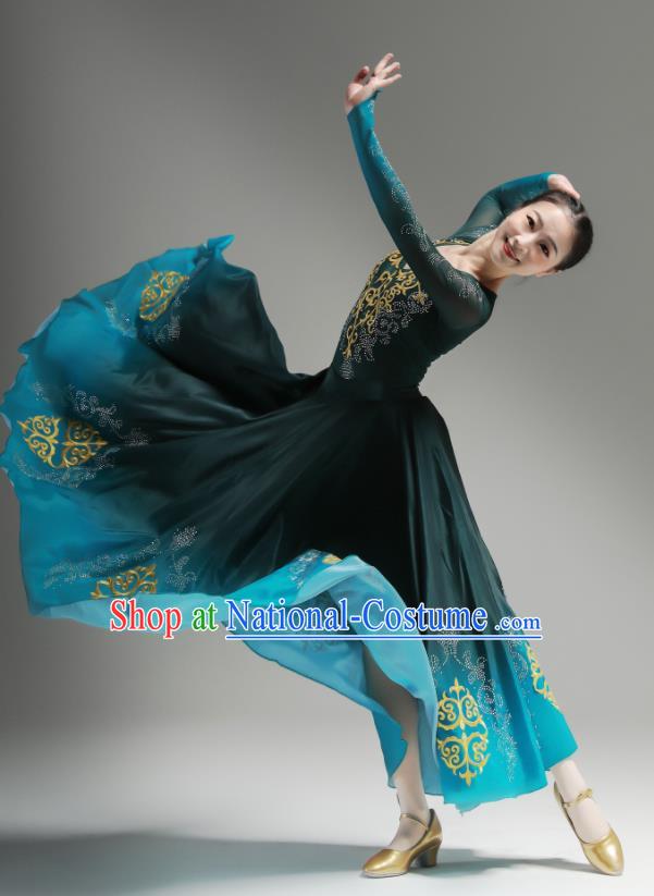 Chinese Uyghur Minority Performance Atrovirens Dress Outfits Uighur Nationality Dance Clothing Xinjiang Dance Costumes Ethnic Woman Garments