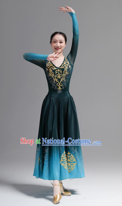 Chinese Uyghur Minority Performance Atrovirens Dress Outfits Uighur Nationality Dance Clothing Xinjiang Dance Costumes Ethnic Woman Garments