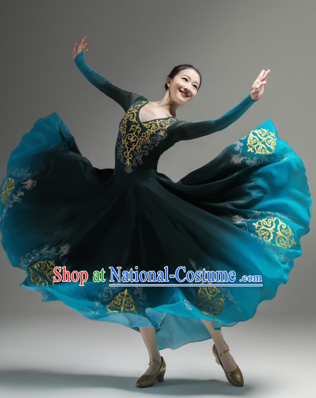 Chinese Uyghur Minority Performance Atrovirens Dress Outfits Uighur Nationality Dance Clothing Xinjiang Dance Costumes Ethnic Woman Garments