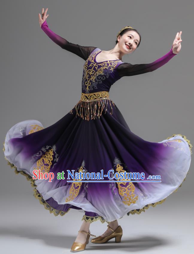 Chinese Xinjiang Dance Costumes Ethnic Woman Dance Garments Uyghur Minority Performance Purple Dress Outfits Uighur Nationality Dance Clothing