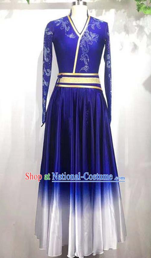 Chinese Mongolian Nationality Dance Clothing Stage Performance Garment Costumes Ethnic Woman Dance Outfits Mongol Minority Performance Blue Dress