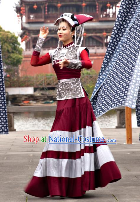 Chinese Yi Minority Performance Wine Red Dress Xiangxi Nationality Dance Clothing Stage Performance Garment Costumes Ethnic Woman Dance Outfits