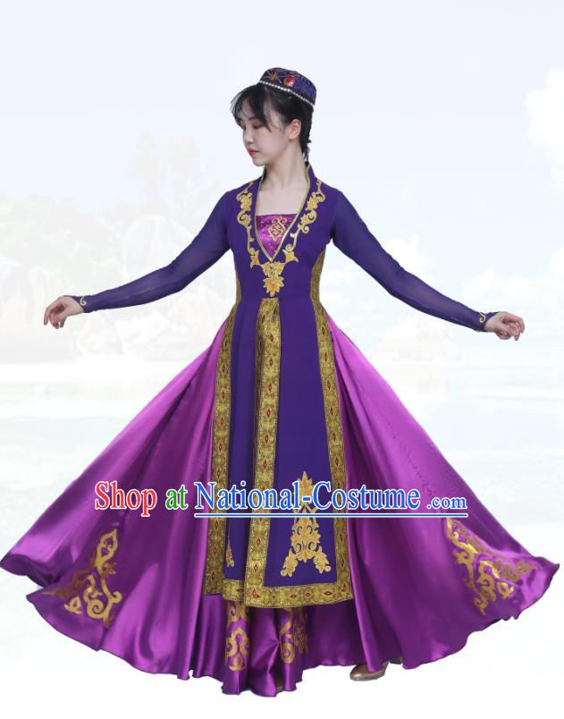 Chinese Stage Performance Garment Costumes Xinjiang Ethnic Woman Dance Outfits Uighur Minority Purple Dress Uyghur Nationality Dance Clothing