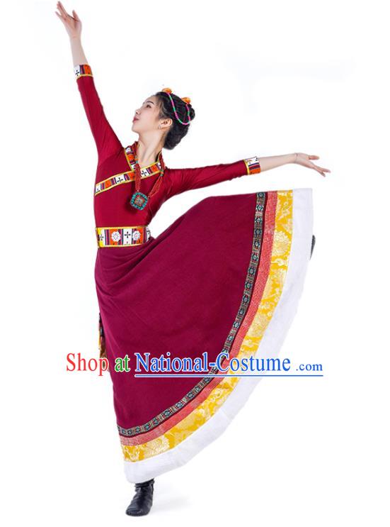 Chinese Zang Nationality Dance Clothing Stage Performance Garment Costumes Tibetan Minority Wine Red Dress Ethnic Woman Dance Outfits