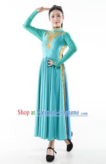 Chinese Ethnic Woman Dance Outfits Uyghur Nationality Dance Clothing Xinjiang Stage Performance Garment Costumes Uighur Minority Blue Dress