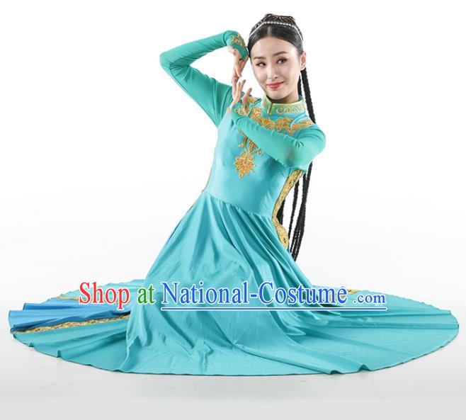 Chinese Ethnic Woman Dance Outfits Uyghur Nationality Dance Clothing Xinjiang Stage Performance Garment Costumes Uighur Minority Blue Dress